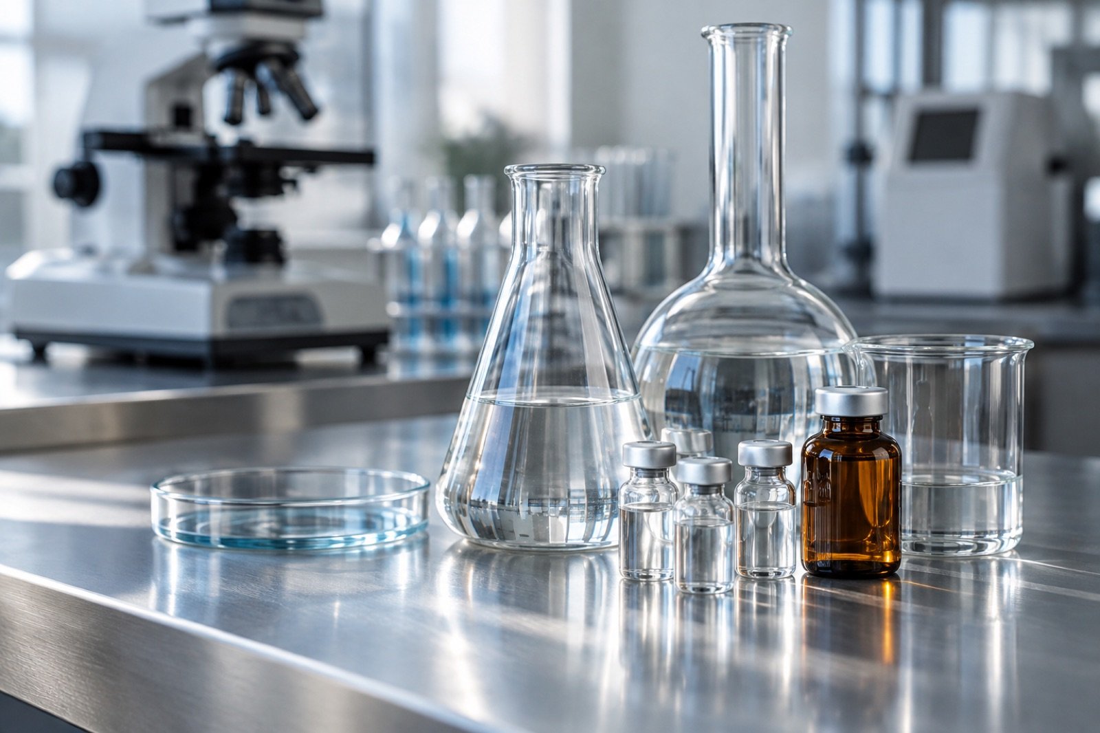 Illustrative laboratory still life with clear glass vessels and sample vials on a steel bench