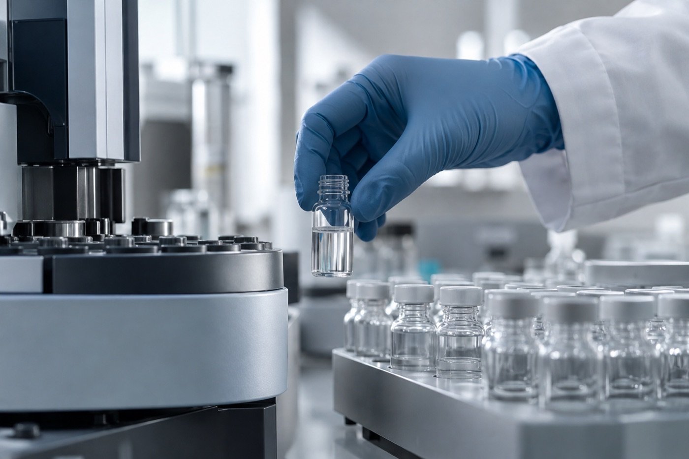 Illustrative sample handling with a gloved hand and an analytical laboratory instrument